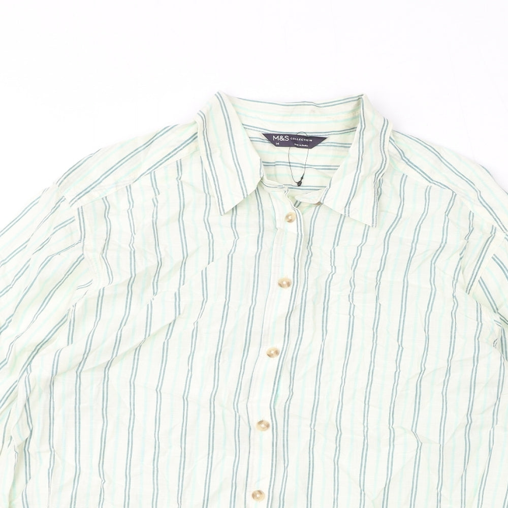Marks and Spencer Womens Ivory Striped 100% Cotton Basic Button-Up Size 14 Collared