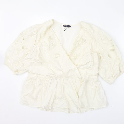 Marks and Spencer Womens Ivory Cotton Basic Blouse Size 16 V-Neck - Floral Embroidery
