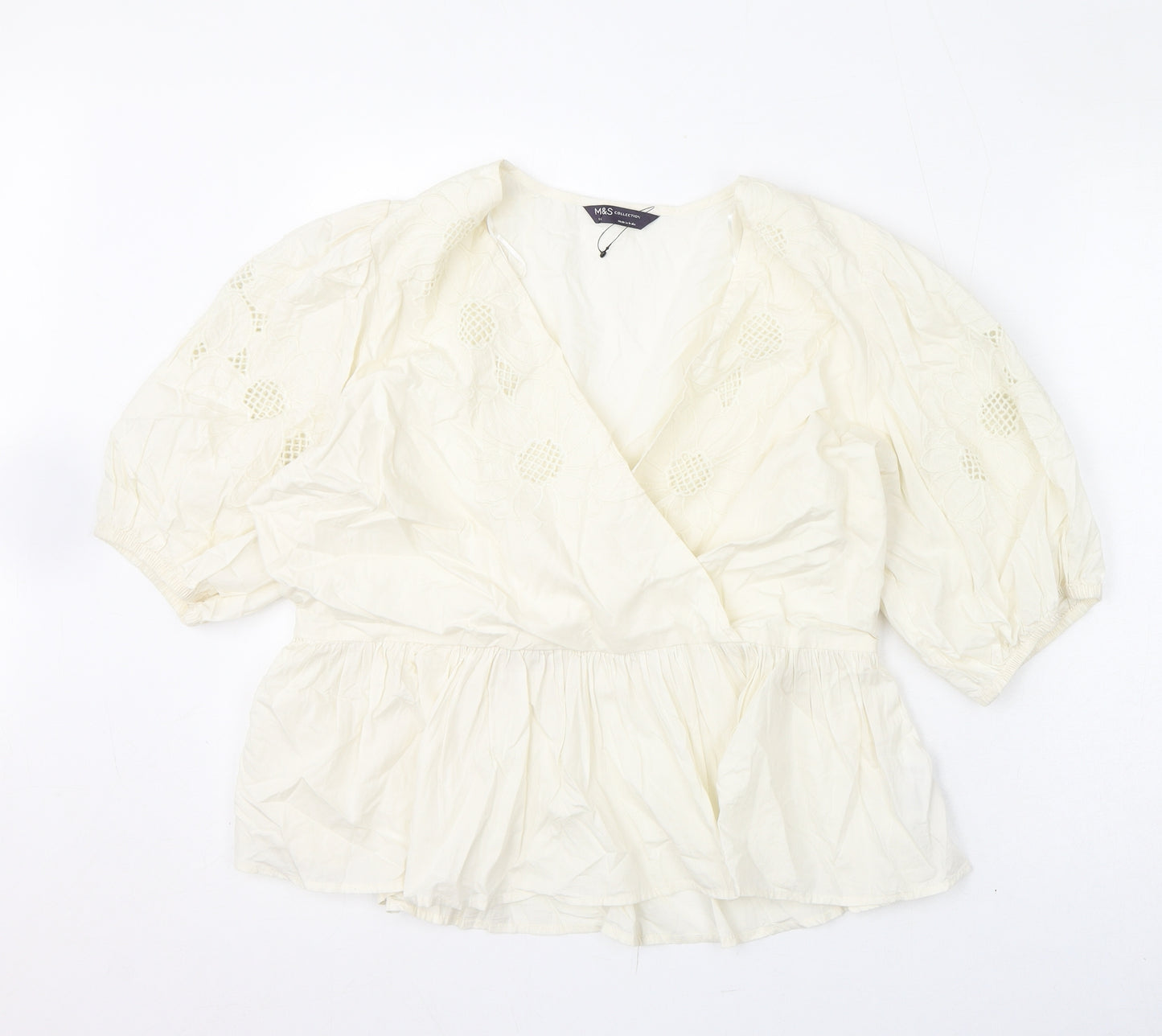 Marks and Spencer Womens Ivory Cotton Basic Blouse Size 16 V-Neck - Floral Embroidery