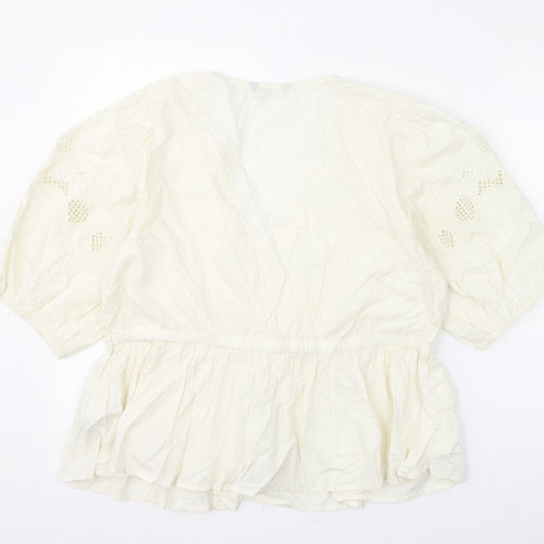 Marks and Spencer Womens Ivory Cotton Basic Blouse Size 16 V-Neck - Floral Embroidery