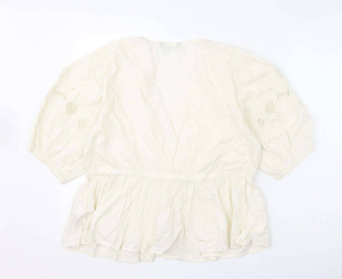 Marks and Spencer Womens Ivory Cotton Basic Blouse Size 16 V-Neck - Floral Embroidery