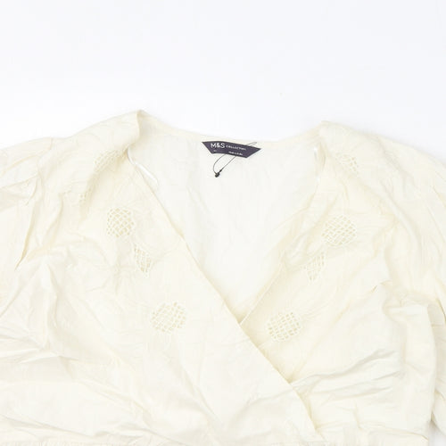 Marks and Spencer Womens Ivory Cotton Basic Blouse Size 16 V-Neck - Floral Embroidery