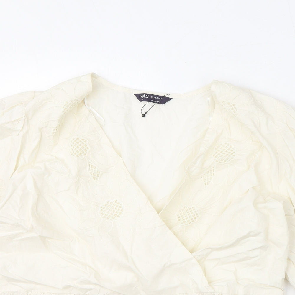 Marks and Spencer Womens Ivory Cotton Basic Blouse Size 16 V-Neck - Floral Embroidery