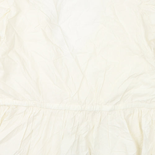 Marks and Spencer Womens Ivory Cotton Basic Blouse Size 16 V-Neck - Floral Embroidery