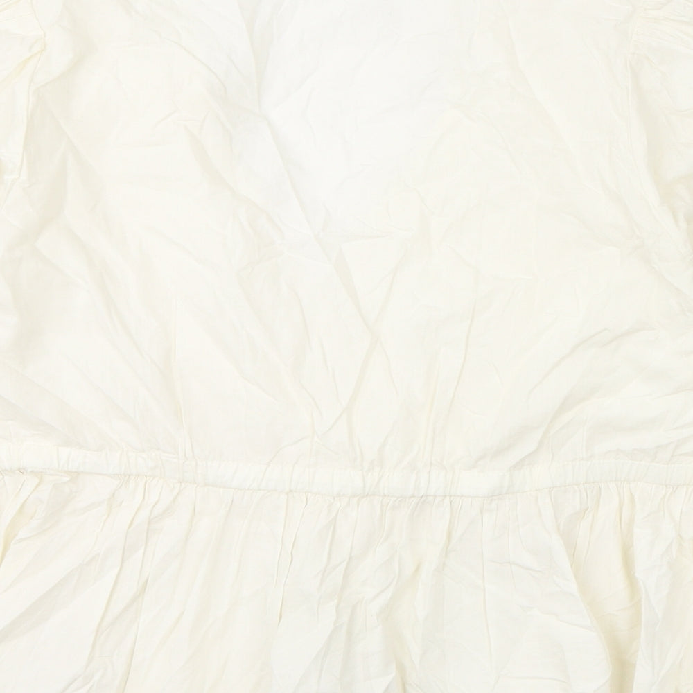 Marks and Spencer Womens Ivory Cotton Basic Blouse Size 16 V-Neck - Floral Embroidery