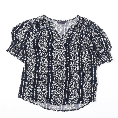 Marks and Spencer Womens Blue Floral Viscose Basic Blouse Size 12 V-Neck