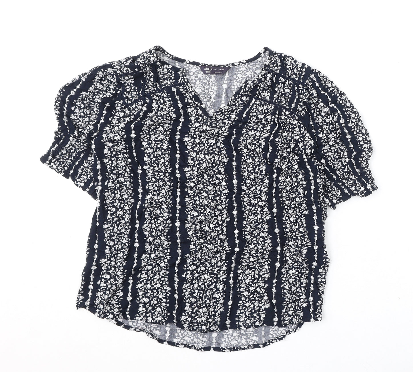 Marks and Spencer Womens Blue Floral Viscose Basic Blouse Size 12 V-Neck