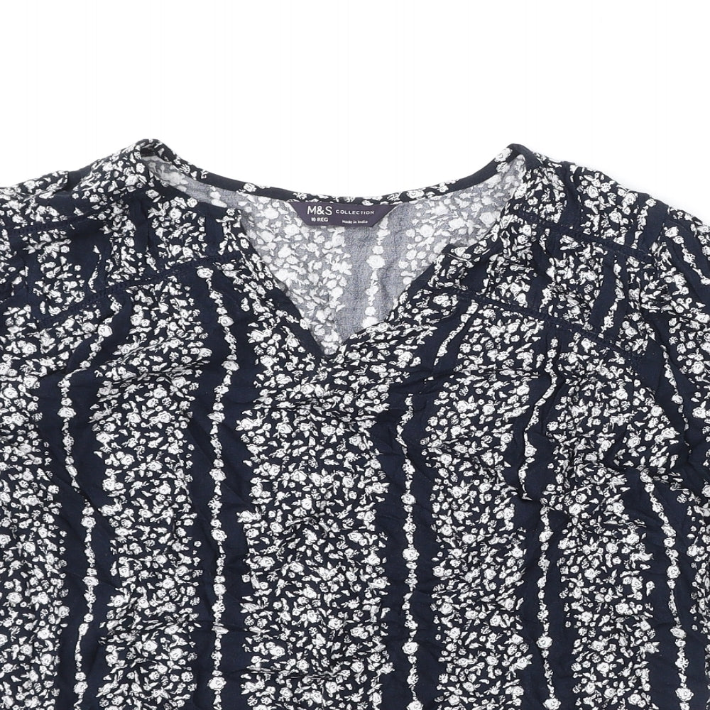 Marks and Spencer Womens Blue Floral Viscose Basic Blouse Size 12 V-Neck