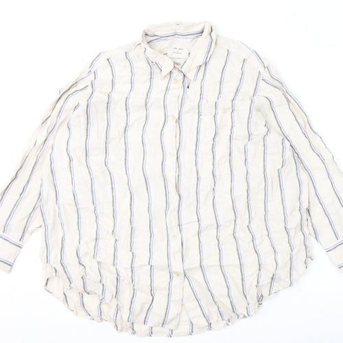 Marks and Spencer Womens Beige Striped Linen Basic Button-Up Size 22 Collared