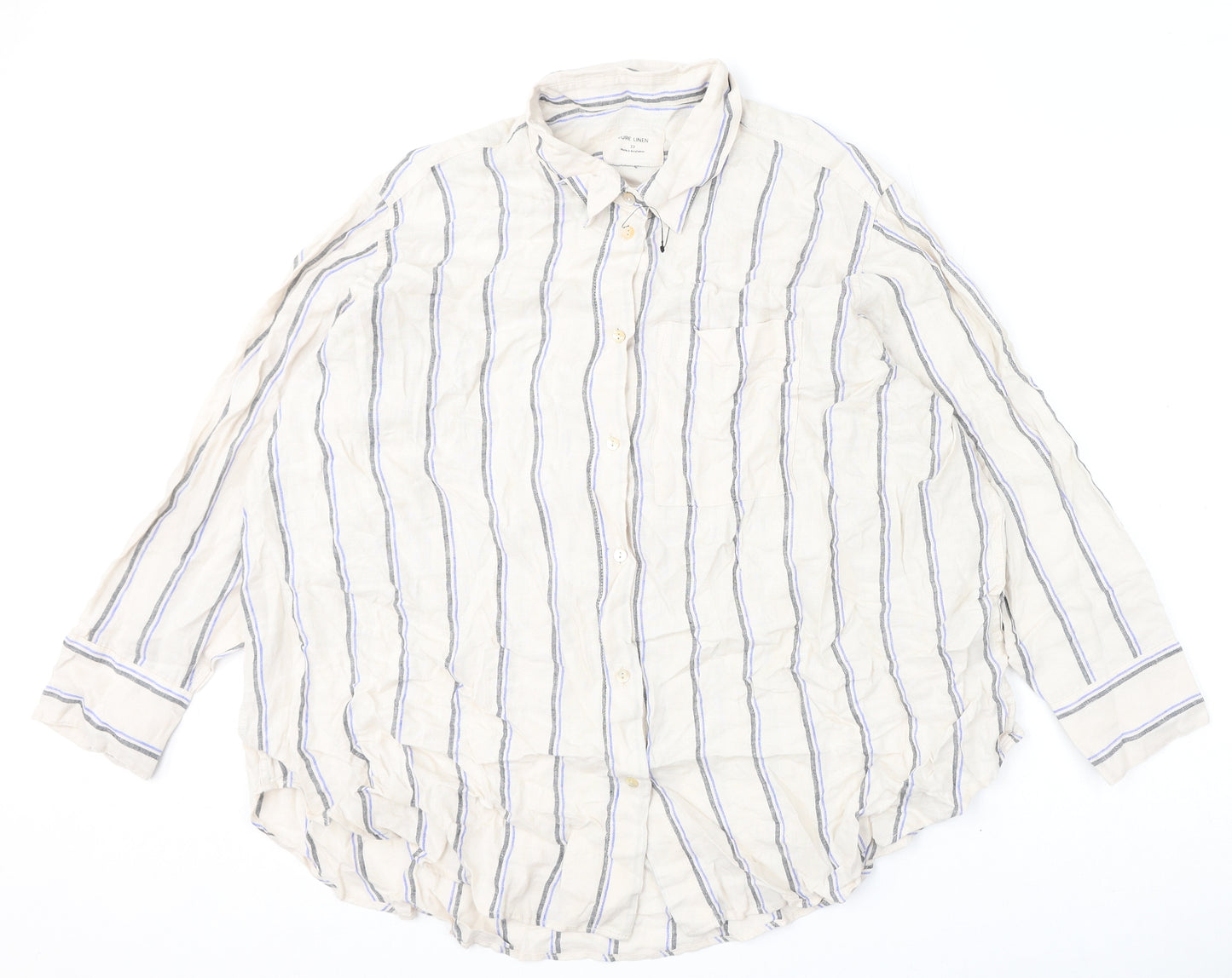 Marks and Spencer Womens Beige Striped Linen Basic Button-Up Size 22 Collared