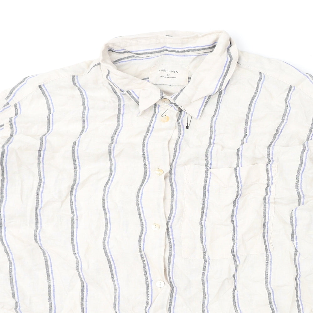 Marks and Spencer Womens Beige Striped Linen Basic Button-Up Size 22 Collared