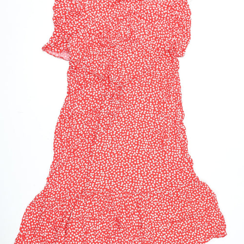 New Look Womens Red Floral Viscose A-Line Size 18 Round Neck Button