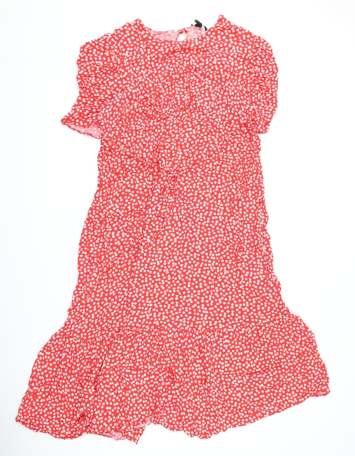 New Look Womens Red Floral Viscose A-Line Size 18 Round Neck Button