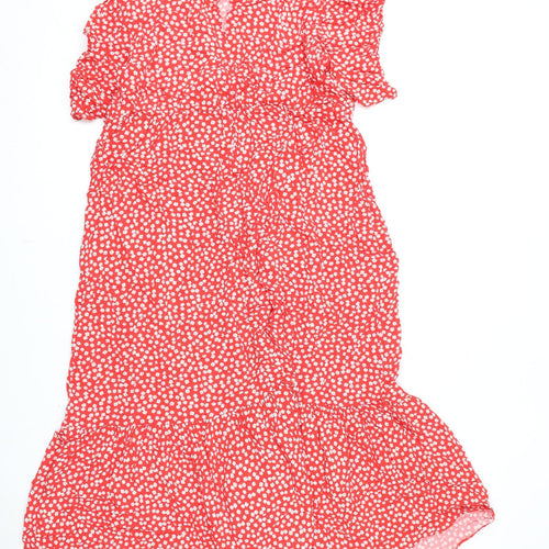 New Look Womens Red Floral Viscose A-Line Size 18 Round Neck Button