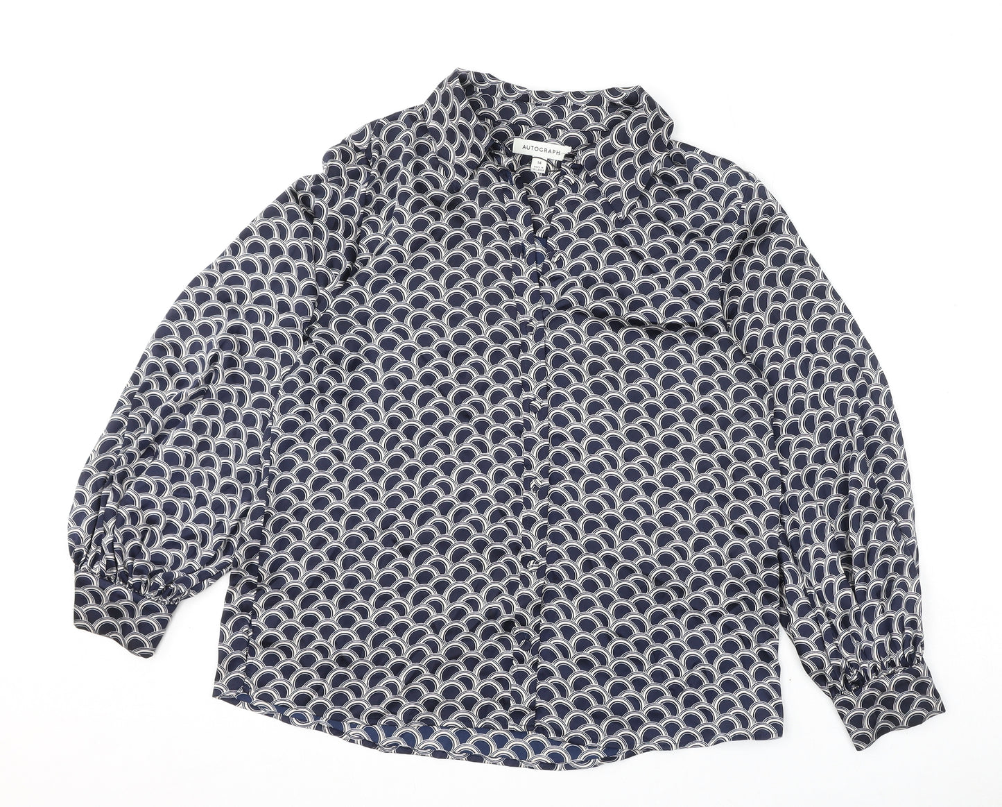 Autograph Womens Blue Geometric Polyester Basic Button-Up Size 14 Collared