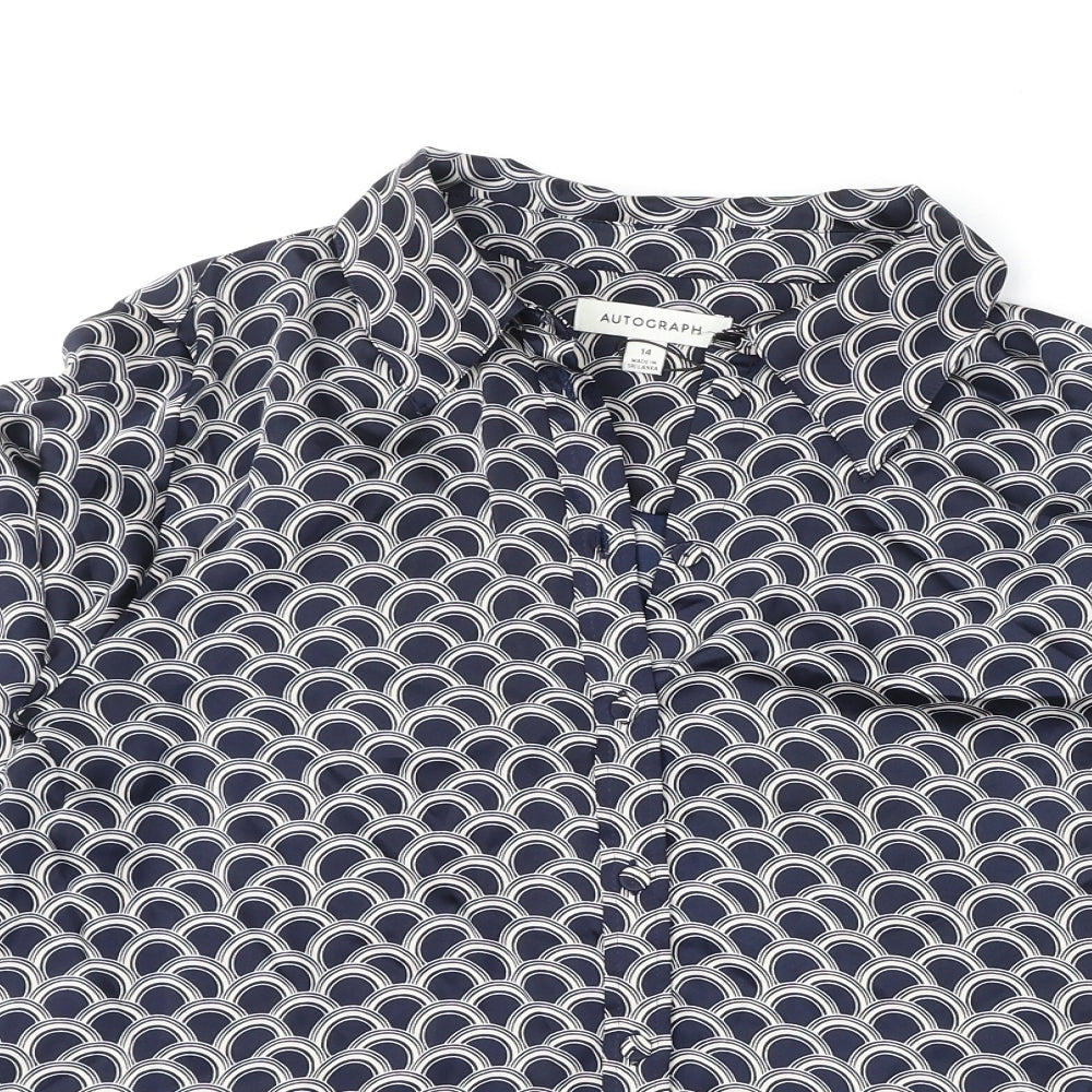 Autograph Womens Blue Geometric Polyester Basic Button-Up Size 14 Collared
