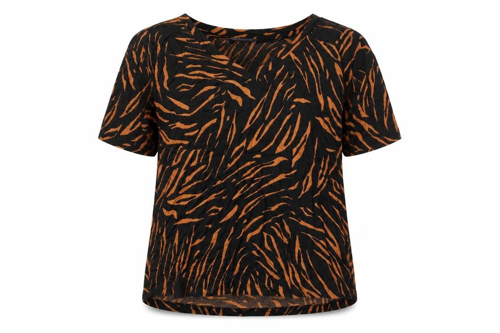 Front view of Marks & Spencer women’s black geometric viscose basic t-shirt, size UK 8, v-neck