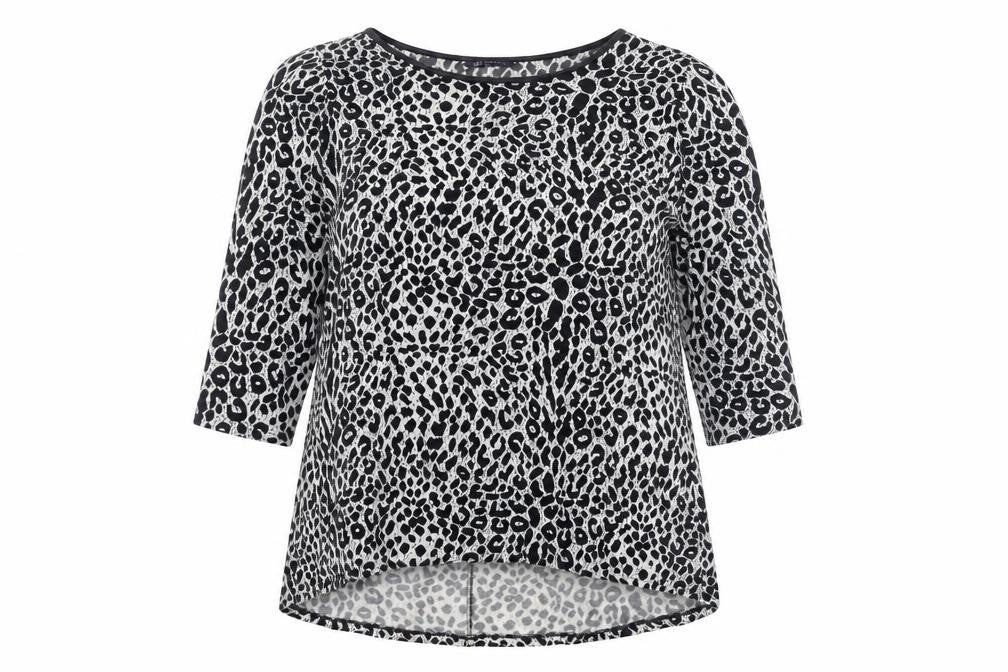 Front view of Marks & Spencer women’s black round neck animal print polyester jumper, size UK 16, - leopard print