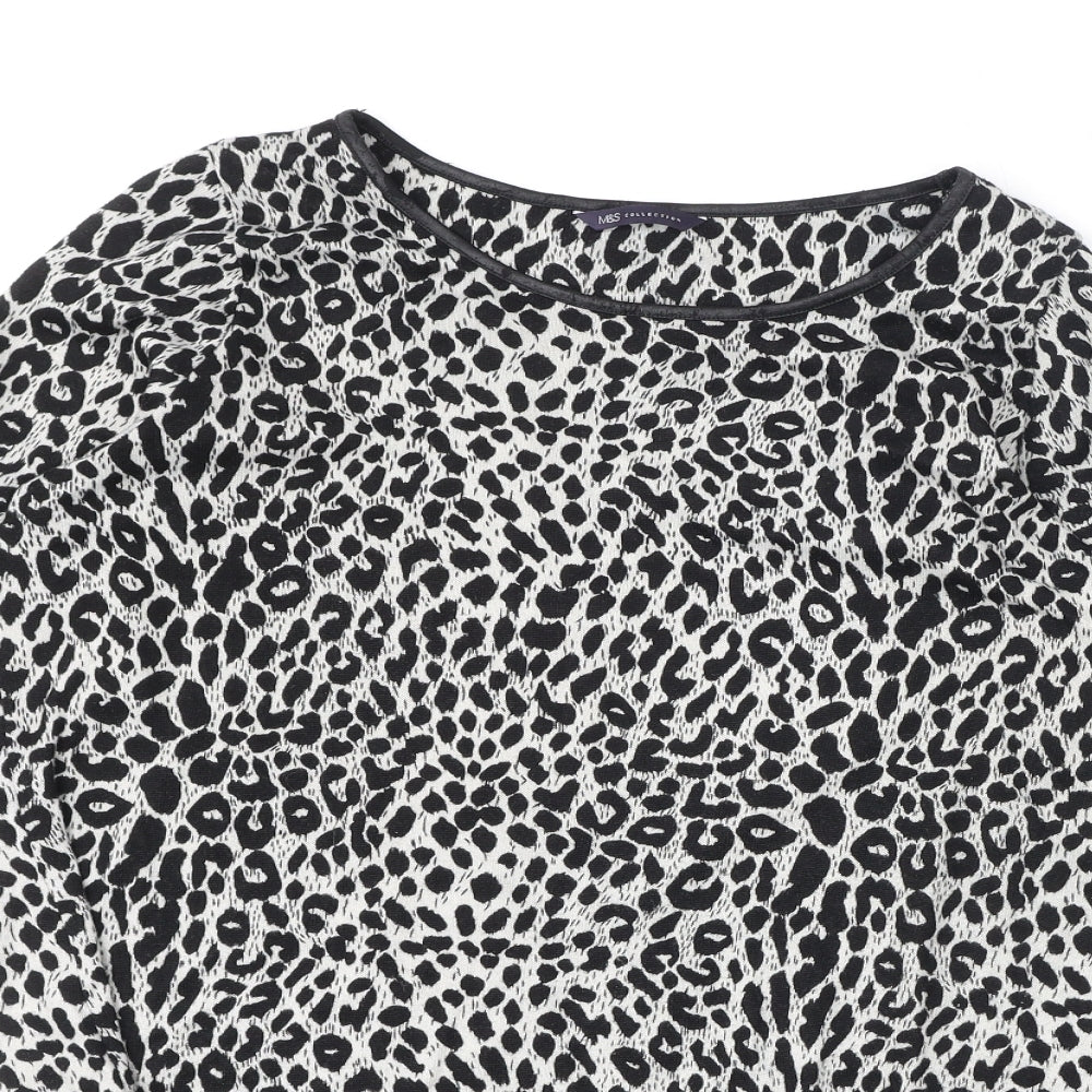 Marks and Spencer Womens Black Round Neck Animal Print Polyester Pullover Jumper Size 16 - Leopard Print