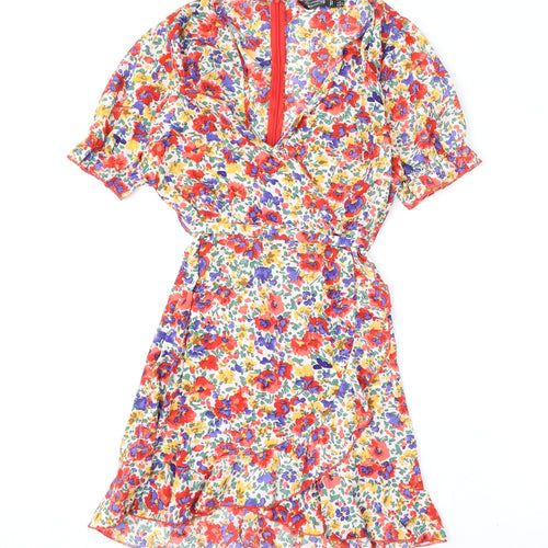 Missguided Womens Multicoloured Floral Polyester A-Line Size 10 V-Neck Zip - Belt Included