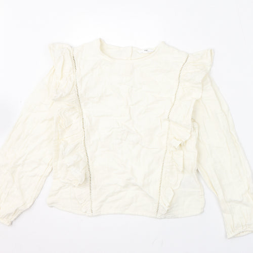 Marks and Spencer Girls Ivory 100% Cotton Basic Blouse Size 11-12 Years Round Neck Button - Ruffles, Crochet Detail