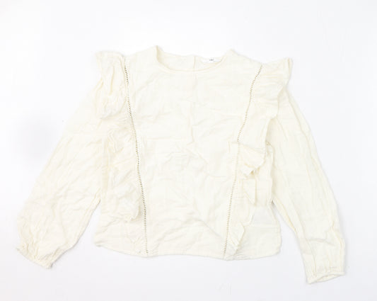 Marks and Spencer Girls Ivory 100% Cotton Basic Blouse Size 11-12 Years Round Neck Button - Ruffles, Crochet Detail