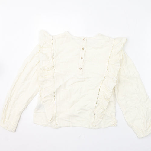 Marks and Spencer Girls Ivory 100% Cotton Basic Blouse Size 11-12 Years Round Neck Button - Ruffles, Crochet Detail