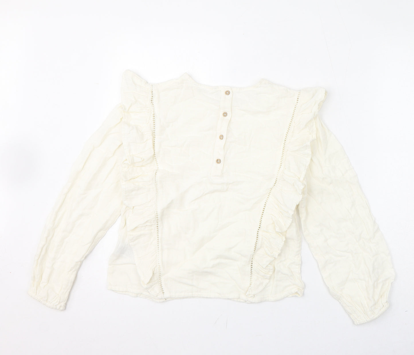 Marks and Spencer Girls Ivory 100% Cotton Basic Blouse Size 11-12 Years Round Neck Button - Ruffles, Crochet Detail