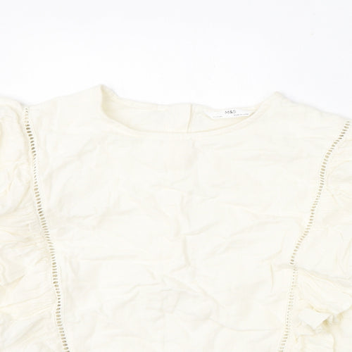 Marks and Spencer Girls Ivory 100% Cotton Basic Blouse Size 11-12 Years Round Neck Button - Ruffles, Crochet Detail