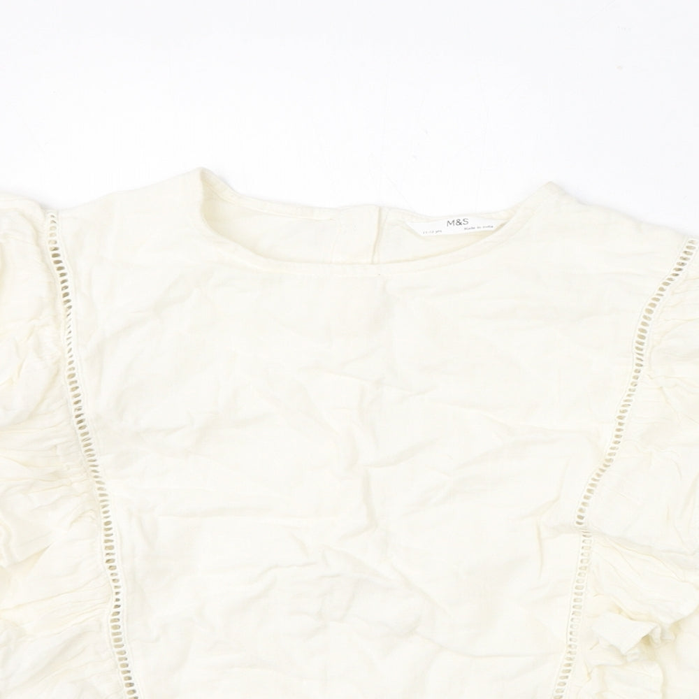 Marks and Spencer Girls Ivory 100% Cotton Basic Blouse Size 11-12 Years Round Neck Button - Ruffles, Crochet Detail