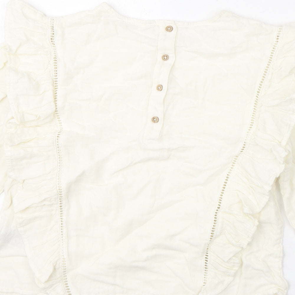 Marks and Spencer Girls Ivory 100% Cotton Basic Blouse Size 11-12 Years Round Neck Button - Ruffles, Crochet Detail