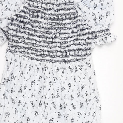 Marks and Spencer Womens Blue Floral 100% Cotton A-Line Size 16 Off the Shoulder Pullover