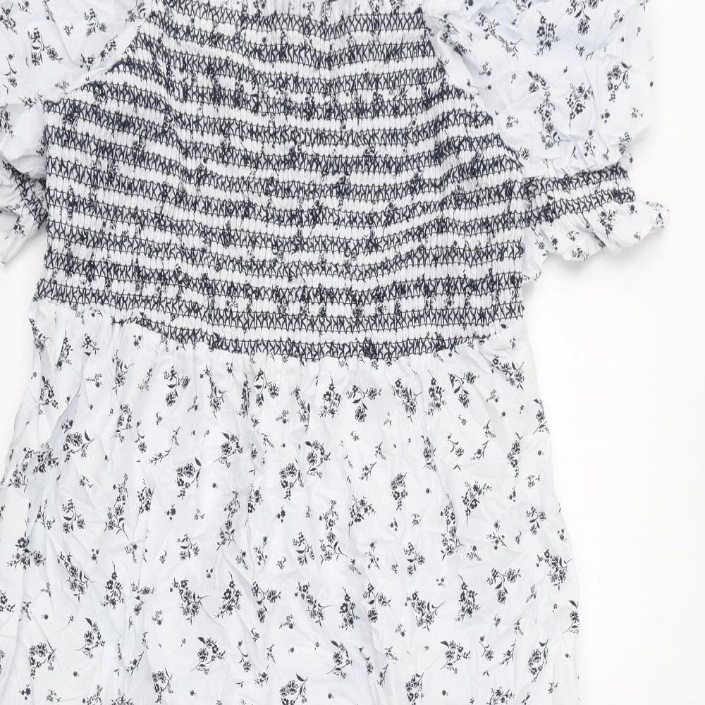 Marks and Spencer Womens Blue Floral 100% Cotton A-Line Size 16 Off the Shoulder Pullover