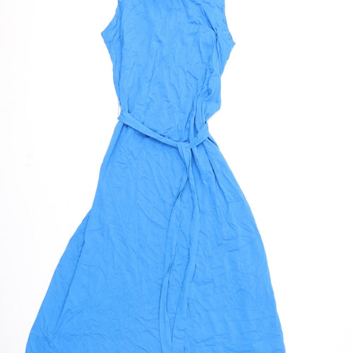 Marks and Spencer Womens Blue 100% Cotton A-Line Size 14 Round Neck Button