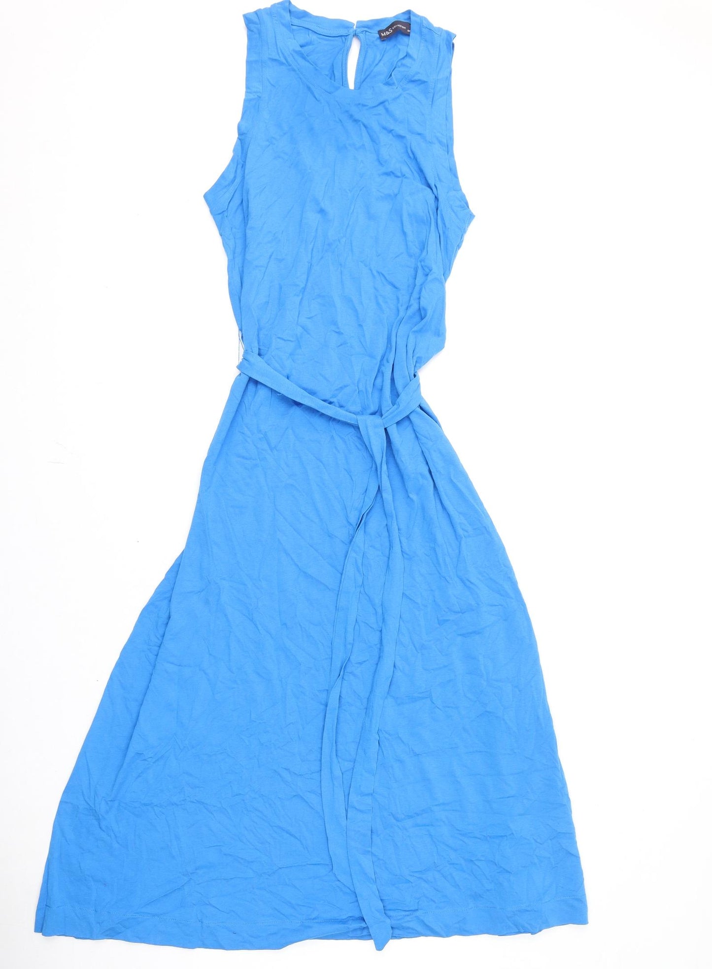 Marks and Spencer Womens Blue 100% Cotton A-Line Size 14 Round Neck Button