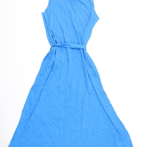 Marks and Spencer Womens Blue 100% Cotton A-Line Size 14 Round Neck Button