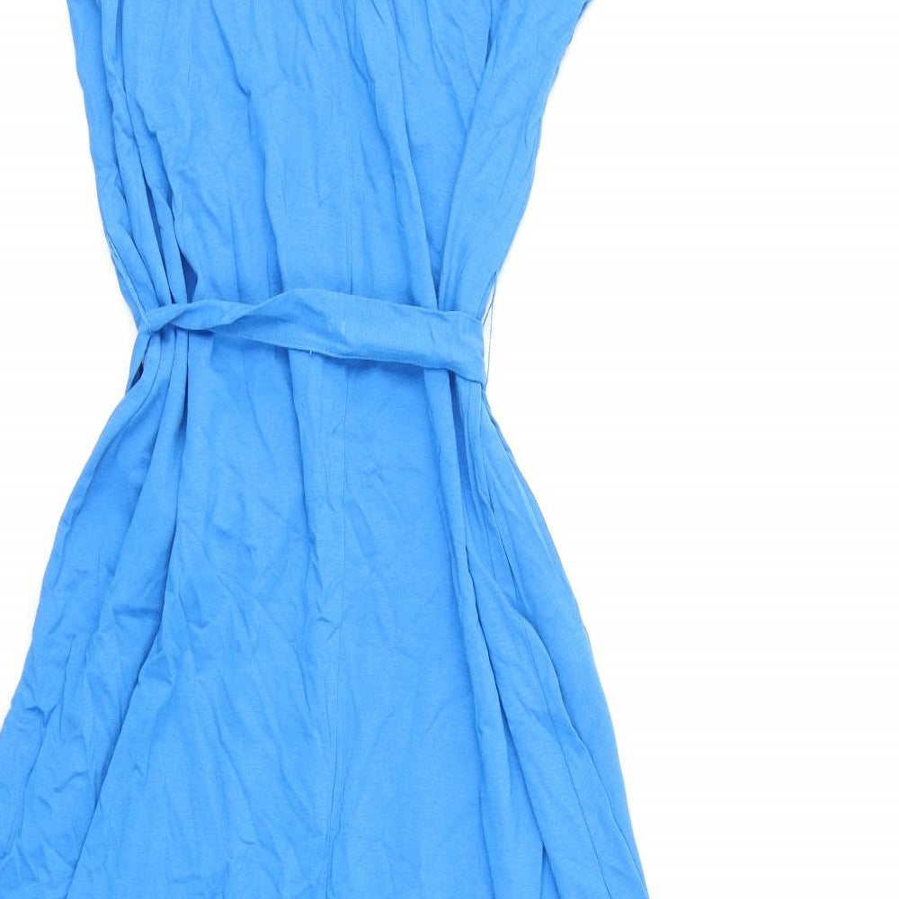 Marks and Spencer Womens Blue 100% Cotton A-Line Size 14 Round Neck Button