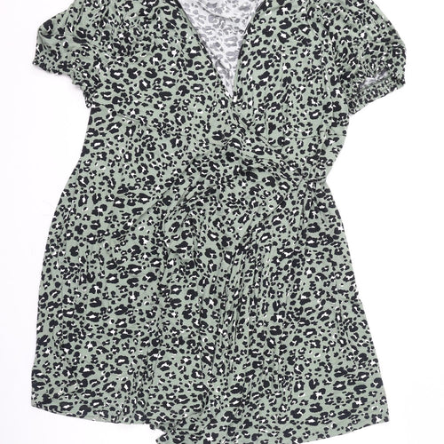 Marks and Spencer Womens Green Animal Print Viscose Wrap Dress Size 24 V-Neck Tie - Leopard Print