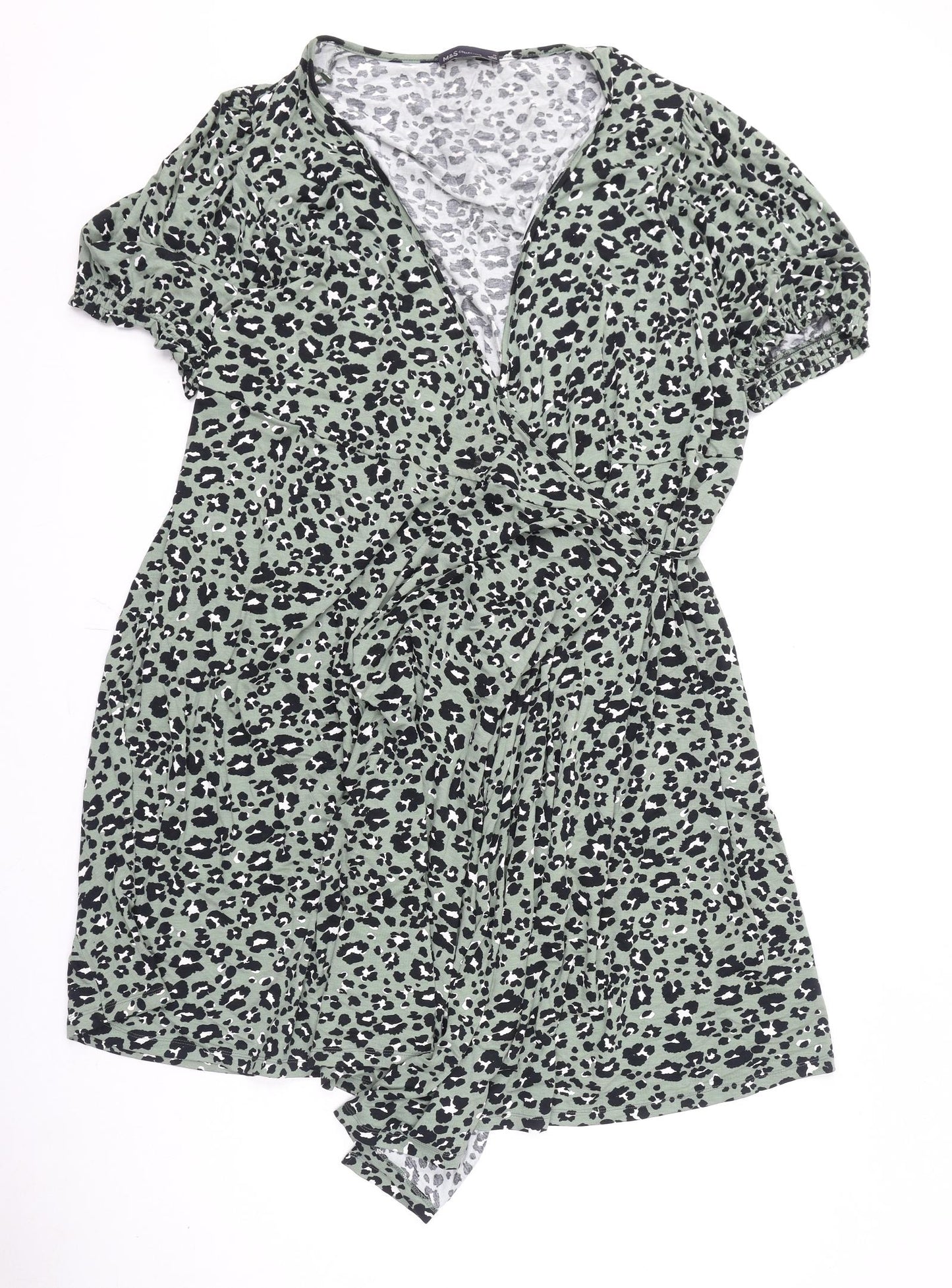 Marks and Spencer Womens Green Animal Print Viscose Wrap Dress Size 24 V-Neck Tie - Leopard Print
