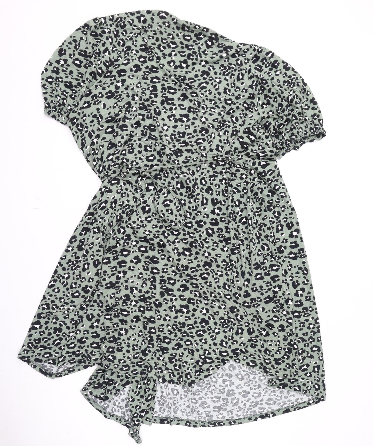 Marks and Spencer Womens Green Animal Print Viscose Wrap Dress Size 24 V-Neck Tie - Leopard Print
