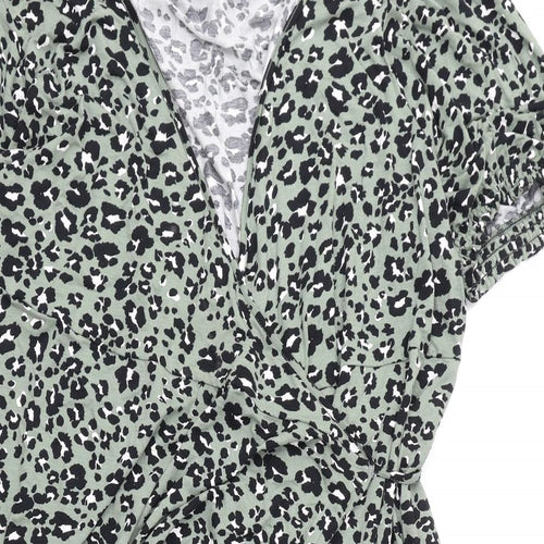 Marks and Spencer Womens Green Animal Print Viscose Wrap Dress Size 24 V-Neck Tie - Leopard Print