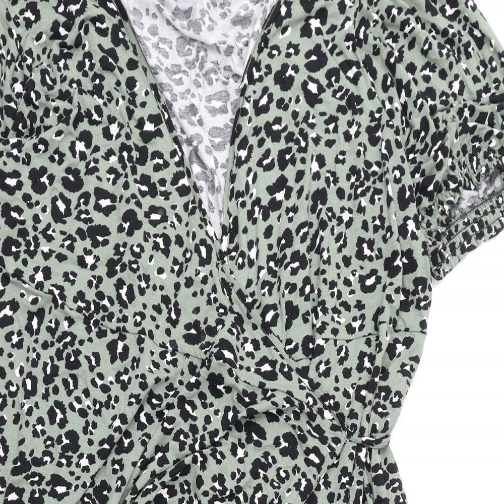 Marks and Spencer Womens Green Animal Print Viscose Wrap Dress Size 24 V-Neck Tie - Leopard Print