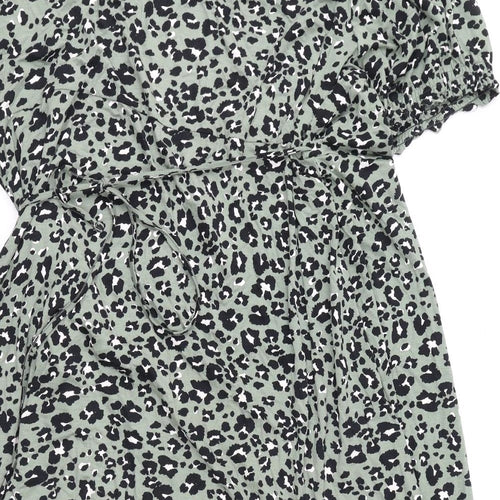 Marks and Spencer Womens Green Animal Print Viscose Wrap Dress Size 24 V-Neck Tie - Leopard Print
