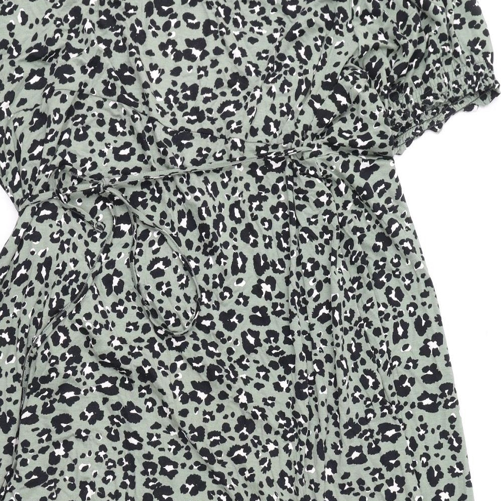 Marks and Spencer Womens Green Animal Print Viscose Wrap Dress Size 24 V-Neck Tie - Leopard Print