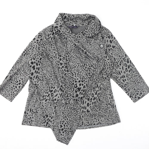 Marks and Spencer Womens Grey Collared Animal Print Polyester Cardigan Jumper Size 16 - 2-IN-1, Leopard Print