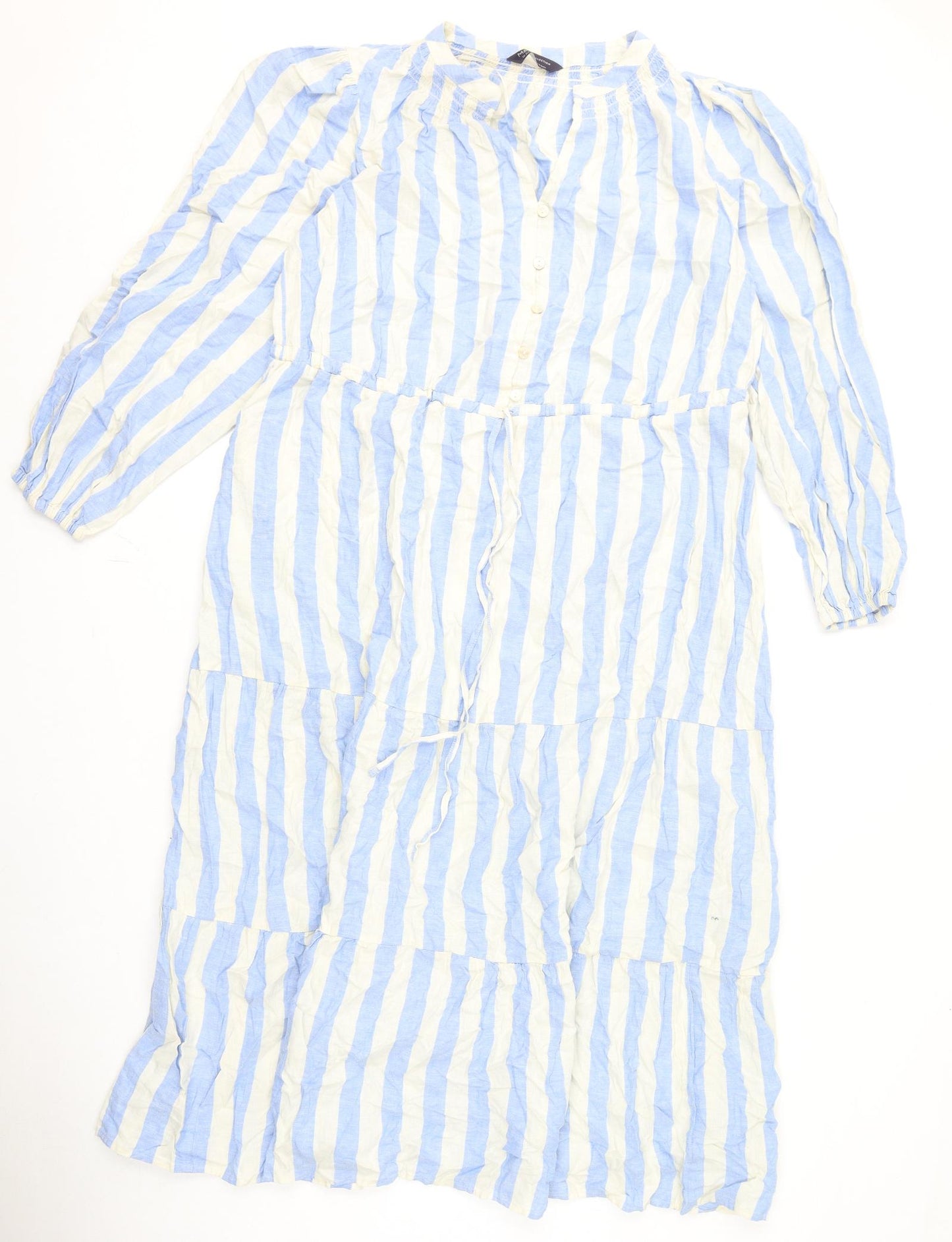 Marks and Spencer Womens Blue Striped Linen A-Line Size 16 V-Neck Button
