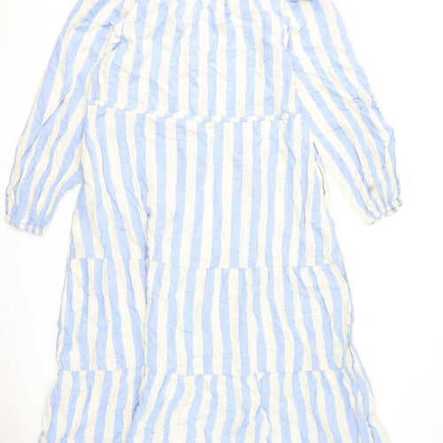 Marks and Spencer Womens Blue Striped Linen A-Line Size 16 V-Neck Button