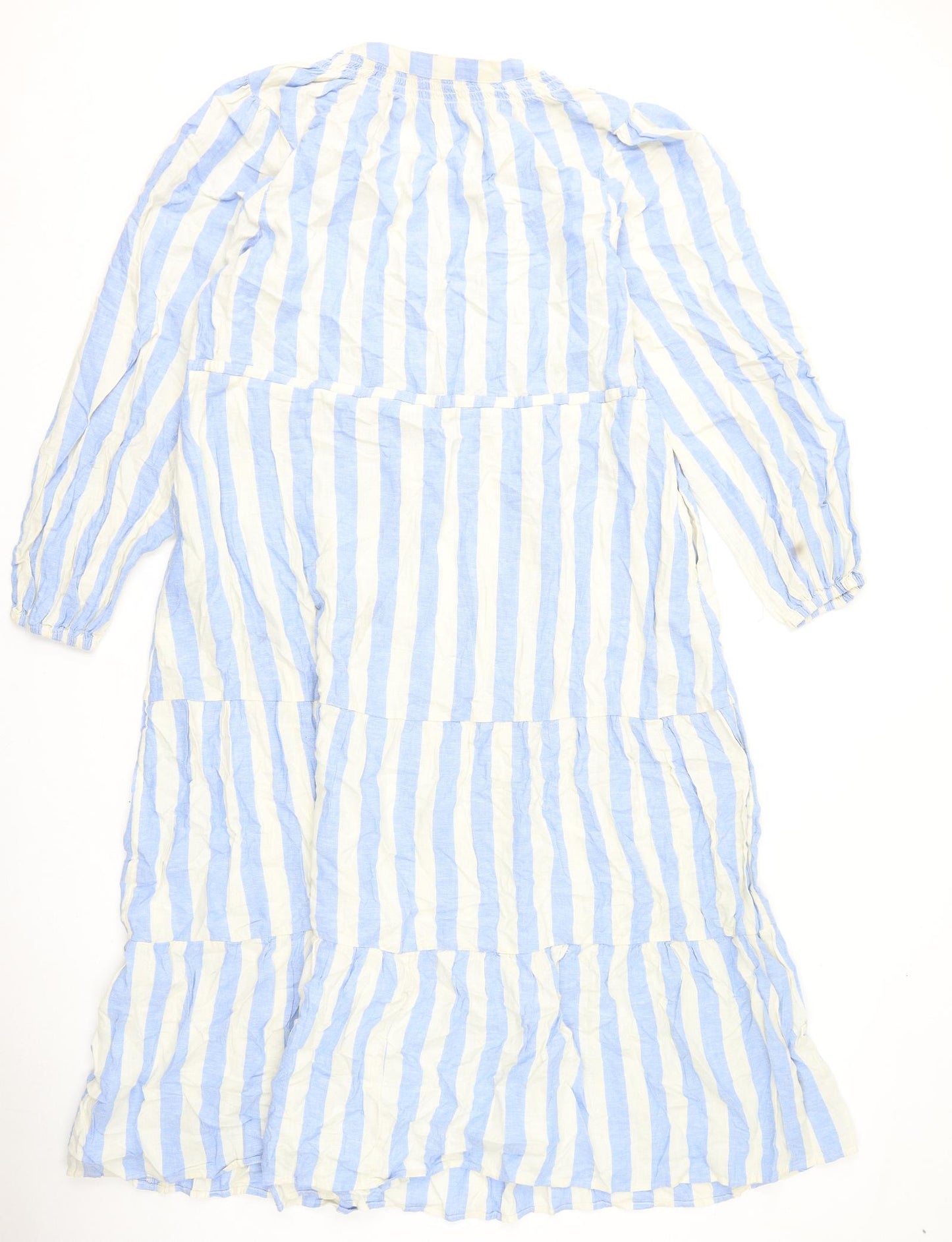 Marks and Spencer Womens Blue Striped Linen A-Line Size 16 V-Neck Button