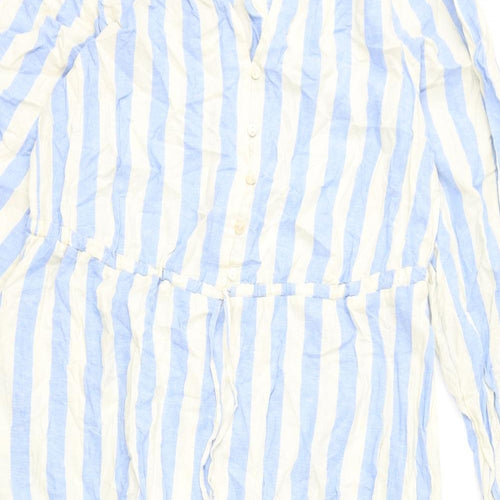 Marks and Spencer Womens Blue Striped Linen A-Line Size 16 V-Neck Button
