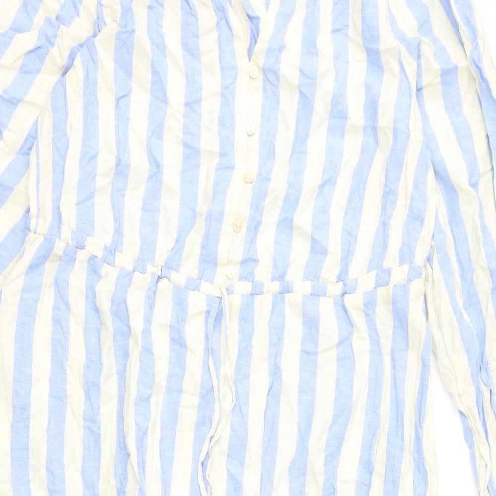 Marks and Spencer Womens Blue Striped Linen A-Line Size 16 V-Neck Button